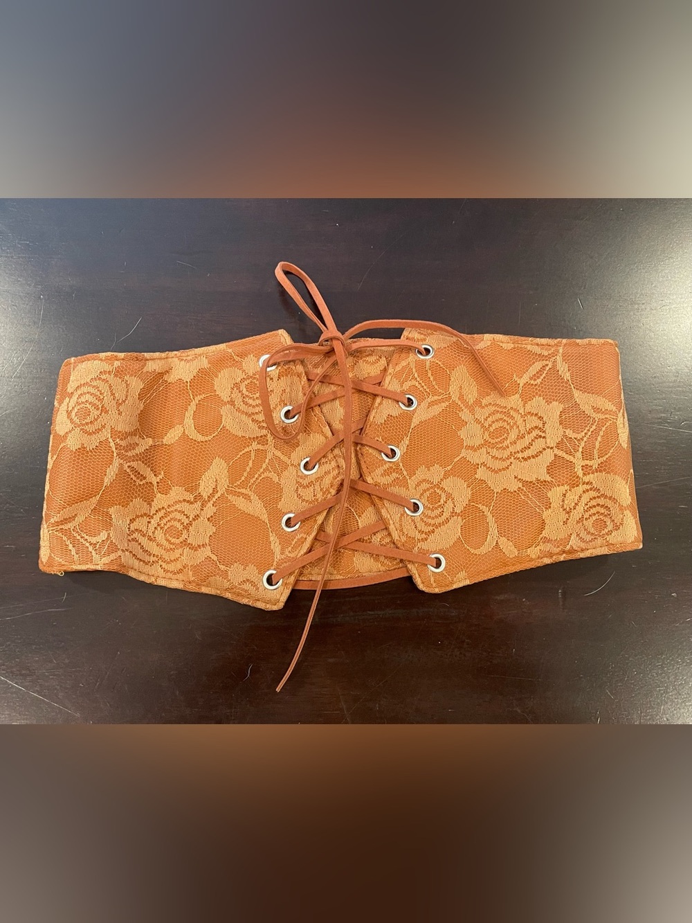Lace-Up Wide Corset Belt in Brown and Tan Lace